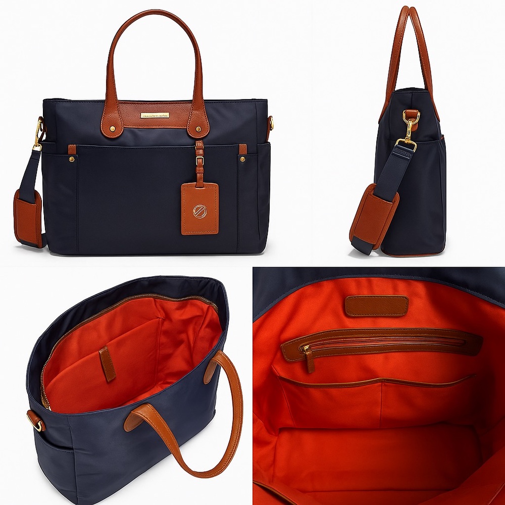 Adrienne Vittadini Nylon Tote Bag w/Cognac Leather Trim & Red Interior (NWOT)